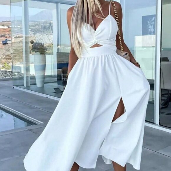 White Preppy Women's Solid Color Sleeveless Split Dress - Picture 4 of 4